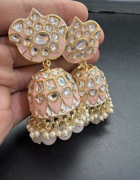 Bigger size Kundan Stone With Pearls Work Beautiful Meenakari Jhumka
