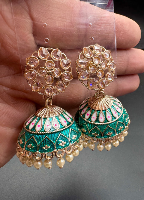 Polki Stone With Pearls Work Beautiful Meenakari Jhumka