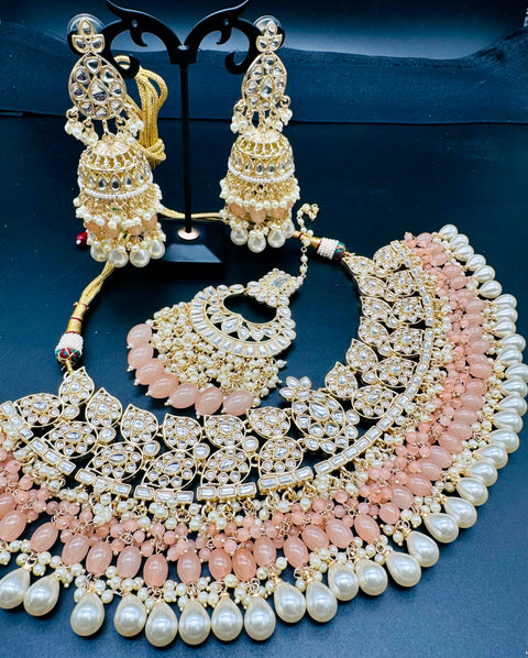 Kundan studded & pearls work designer heavy work Necklace set with beautiful Earrings & Tikka