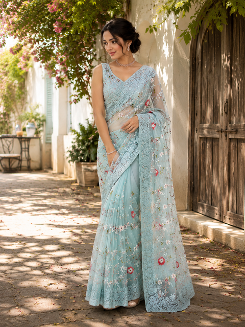 Netting based embroidery jaal all over with stone work designer saree(blouse piece worn by model is for reference only, blouse piece attached to Saree) slight variation in color and design is possible)