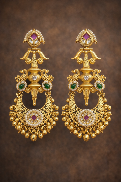 Lite Weight Trending Kashmiri Earrings/Product Details:• Style: Traditional / Ethnic• Finish: Gold Look Polish• Stones: Ruby-tone stones• Embellishments: Pearl detailing• Design: Long chain jhumka drop style