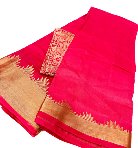 Soft Silk based Broad zari border Saree with Contrast Brocade silk based Blouse