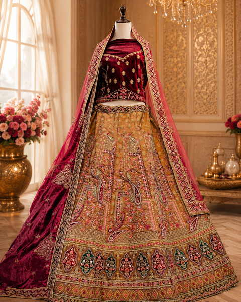 Silk based hand work with stones work multicolored embroidery design Heavy Ken ken Bridal designer lehnga with heavy handwork blouse and two Dupatta , with netting and with velvet (slight variation in color & design is possible)