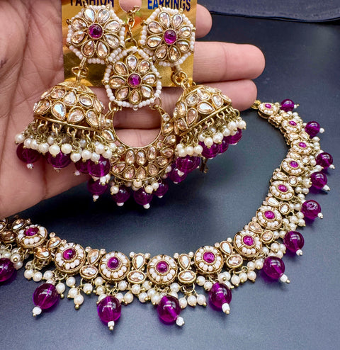 Original Polki stone with pearls beaded work beautiful necklace with jhumka and tikka set