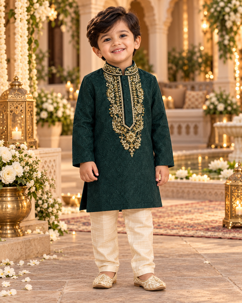 Soft jacquard silk-blend kurta with gold embroidery and Comes with a cream-golden pajama.
Slight variation in colour and design is possible.