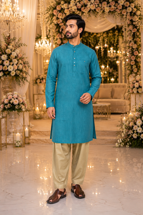 Teal Colour Cotton Kurta with White Pajama (slight variation in color and design is possible )
