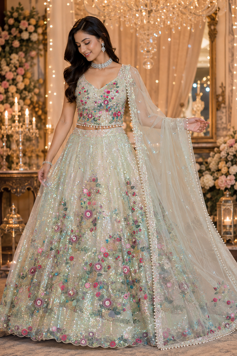 (Video clip attached)all over sequined work designer stylish Blouse with very very heavy flared sequined & Embroidery work lehnga and dupatta(slight variation in color and design is possible )