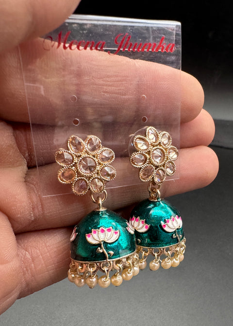 Small size Polki Stone With Pearls Work Beautiful Meenakari Jhumka