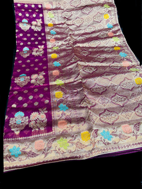 Organza silk very soft brocade saree with stone work and tessels attach on Pallu