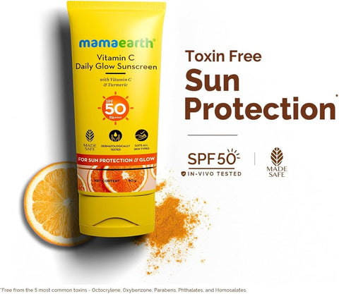 Mamaearth Vitamin C Daily Glow SPF 50 Sunscreen with PA+++ | Reduces Tanning & Gives Broad Spectrum Sun Protection | No Whitecast & Non-Greasy |50 g