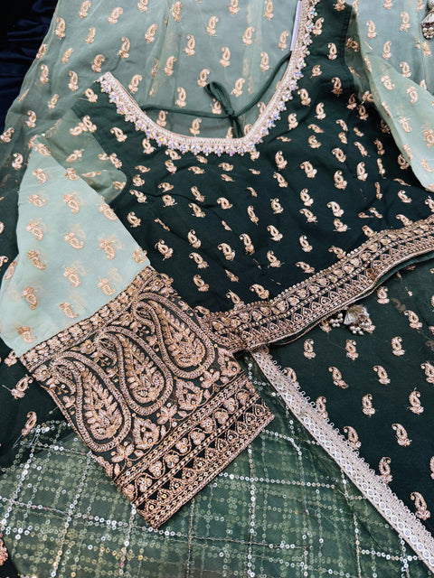 Ombré Shades Georgette Based Heavy Embroidery With Stone Work At Front And Back Designer Flared lehnga & blouse And Netting Based sequins Work Dupatta