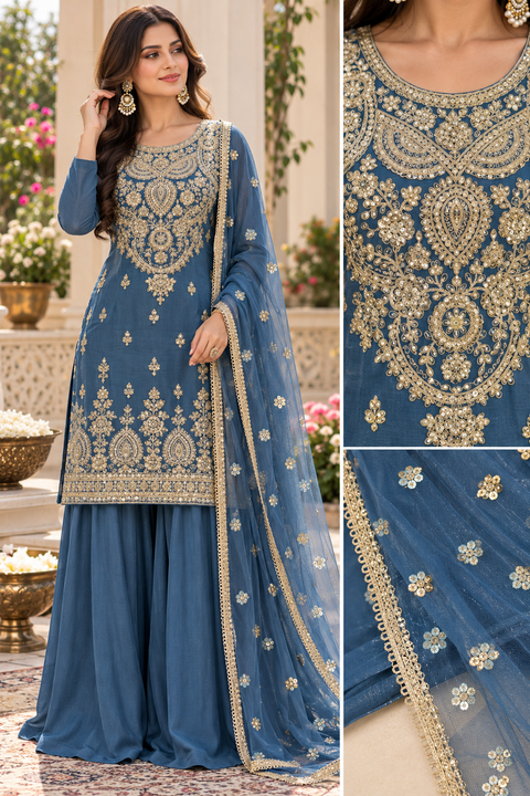 Elegant Chanderi Silk suit featuring all-over heavy embroidery and mirror work with a beautifully detailed neckline. Paired with a heavily embroidered palazzo and a gorgeous matching dupatta .Slight variation may ofcolour & design is possible