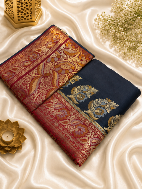 Beautiful Soft Silk Saree With Contrast Zari Border And Contrast Plain Blouse.Saree Comes With An Attached Blouse Piece. Model Blouse Is For Reference Only. Slight Variation In Colour And Design May Occur