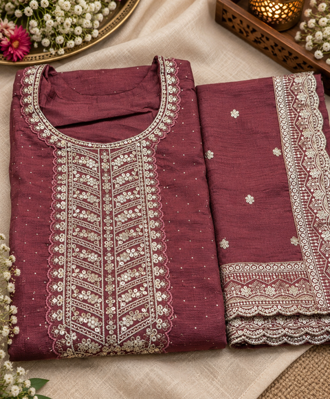 Dusty Wine set featuring elegant golden embroidery on the neckline, sleeves and hem, paired with matching pants and a beautifully bordered dupatta.Slight variation in colour and design may be possible.