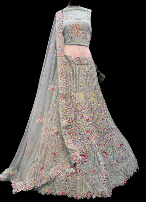 (Video clip attached ) Netting Based Beautiful Heavy Embroidered Peacock Design & Sequined With Stone Work Heavy Ken Ken Big Flare Stitched Lehnga & Blouse With Attached Tessels & Heavy Lace Border Beaded Work Dupatta