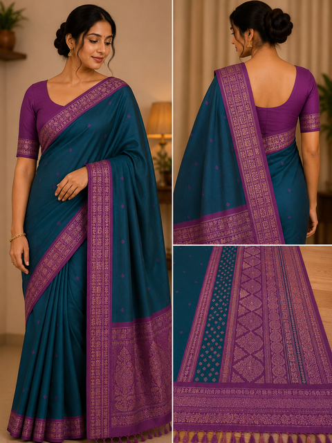 Premium Art Silk Saree Featuring Elegant Zari Weaving, Saree Comes With An Attached Blouse Piece. Model Blouse Is For Reference Only. Slight Variation In Colour And Design May Occur