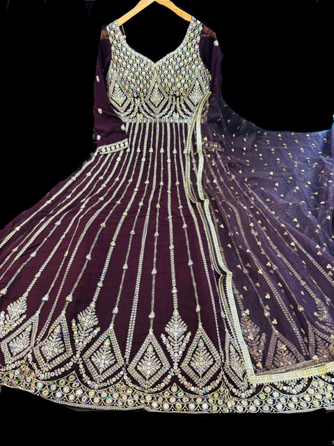 Georgette Based embroidery work all over with sequined work  design at (front and Back )Flared Kameez /Gown And netting Based contrast Embroidery with sequins Work Dupatta