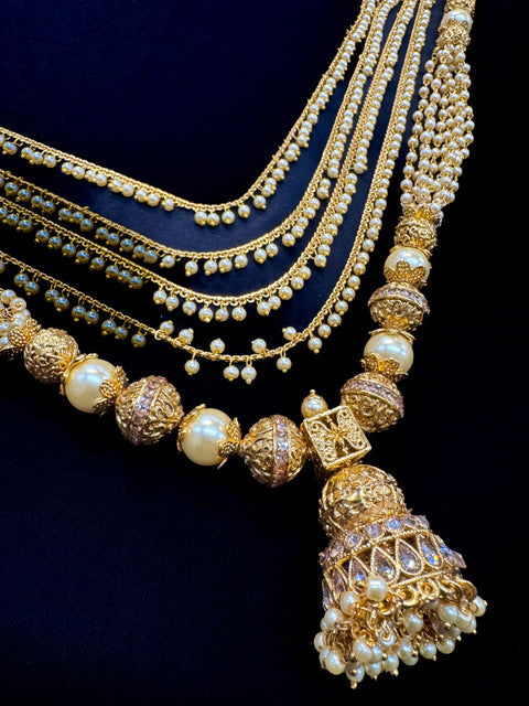 Original polki stone antique gold traditional long necklace set with pearls and kundan work jhumka
