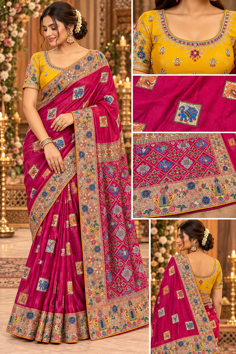 Premium soft silk saree with rich multicolour elephant motifs, intricate floral detailing and a heavily designed traditional border & pallu. Model blouse is for reference only; blouse piece is attached.