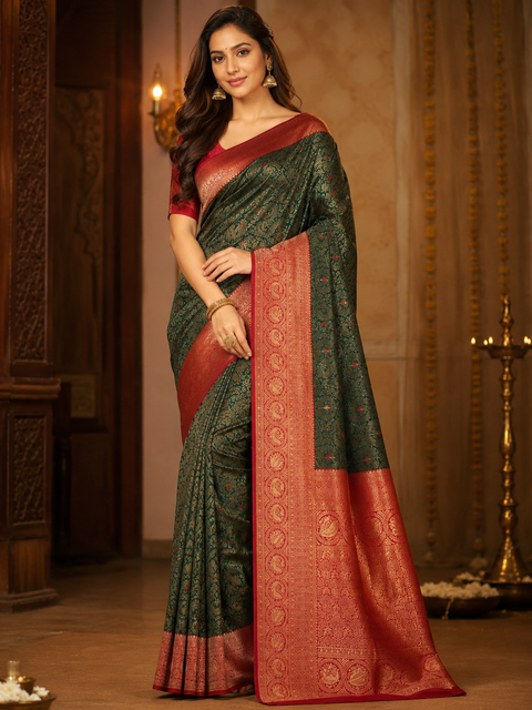 Premium soft Silk Saree with rich zari weaving and contrast woven pallu. featuring elegant dual-tone shades.Model-worn blouse is for reference only. Unstitched blouse piece is attached with saree(slight variation in color & design is possible)