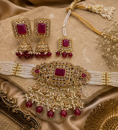 Original polki stone with pearls beaded necklace set with beautiful earrings & tikka