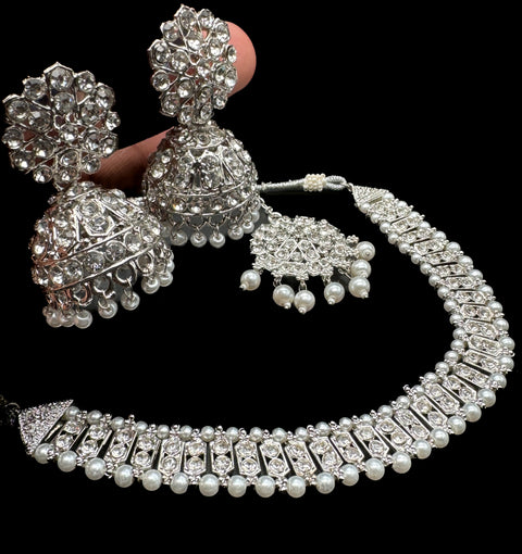 Silver color Beautiful jerkan stone with pearls beaded necklace with jhumka and tikka set