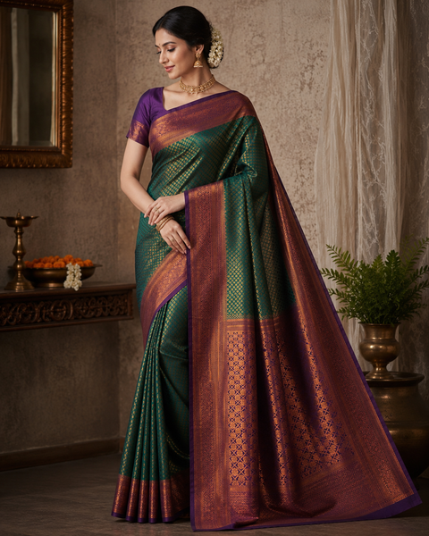Premium South Silk Saree with rich zari weaving and contrast woven pallu. featuring elegant dual-tone shades.Model-worn blouse is for reference only. Unstitched blouse piece is attached with saree(slight variation in color & design is possible)