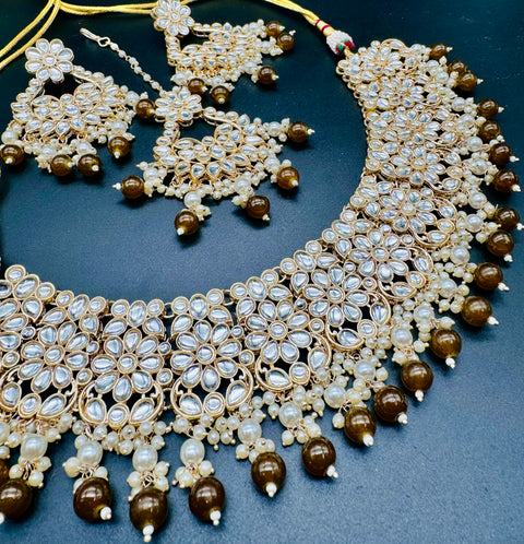 Kundan studded & pearls work designer heavy work Necklace set with beautiful Earrings & Tikka