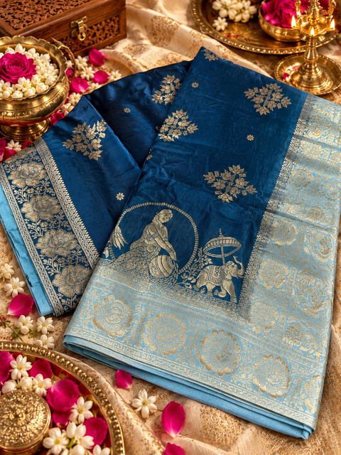 Dola Silk Saree with elegant all-over floral zari weaving and a rich contrasting woven border with detailed pallu. model blouse for reference only.Contrast blouse piece included.Slight variation in colour and design is possible.