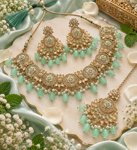 Beautiful polki stones with pearls and colorful stones necklace & earrings with Tikka. Slight variations in colour and design are possible