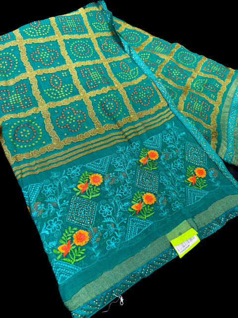 Beautiful Bandhani print work with Stones and embroidery design beautiful very soft Georgette Saree