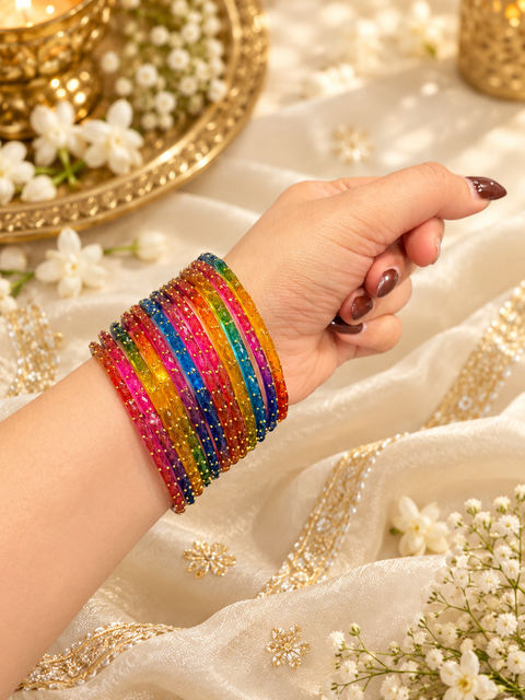 Dark Multi Elegant Kashmiri glass bangles featuring a premium handcrafted design with sparkling stone and gold detailing(slight variation in color and design is possible) one dozen bangles per set (price per set)