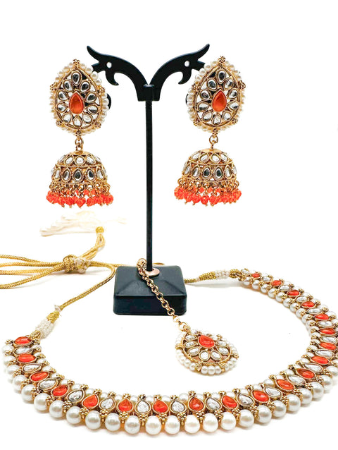 Kundan and Pearls work beautiful necklace set with Jhumka & Tikka