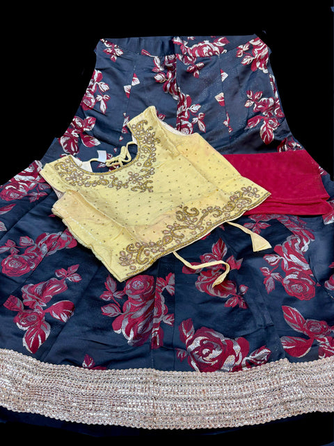 Golden colour raw silk based stone work blouse with brocade silk beautiful lehnga(few red color shades on blouse)