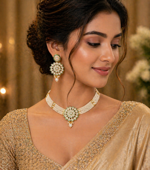 Elegant pearl choker set featuring intricate gold detailing and a statement original kundan-style centerpiece, paired with matching earrings for a timeless look.Perfect blend of tradition and sophistication