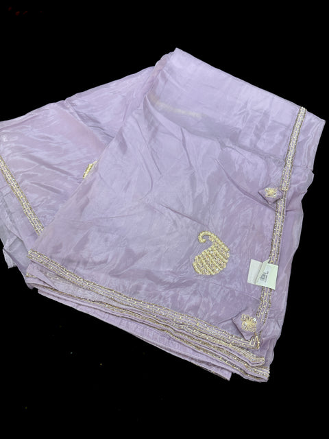 (Video clip attached)Lavender color Very very soft organza base fabric With Beautiful handwork all over on Saree and border
