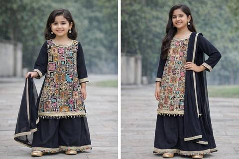 Black color Pure and soft georgette based multicoloured embroidery work girls flared plazo suit with dupatta