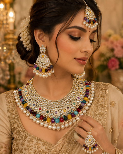 Kundan studded & pearls work designer heavy work Necklace set with beautiful Earrings & Tikka