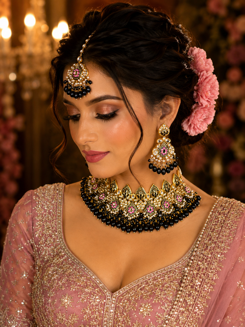 Beautiful meenakari work with Black pearls with Kundan Stones necklace set (slight variation in color and design is possible)