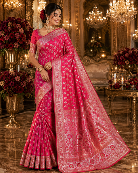 Luxurious Banarasi Silk Saree with rich zari weaving and elegant stone work on the pallu. Comes with an attached blouse piece. Model image is for reference only; slight variation in color and design may occur.
