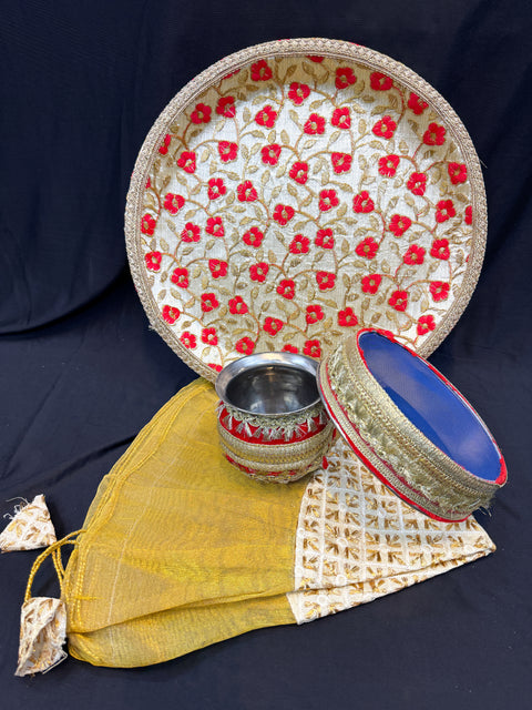 Decorated Karwachauth Thali Set (Thali, Channi, Lota(Kalash) Chunri
