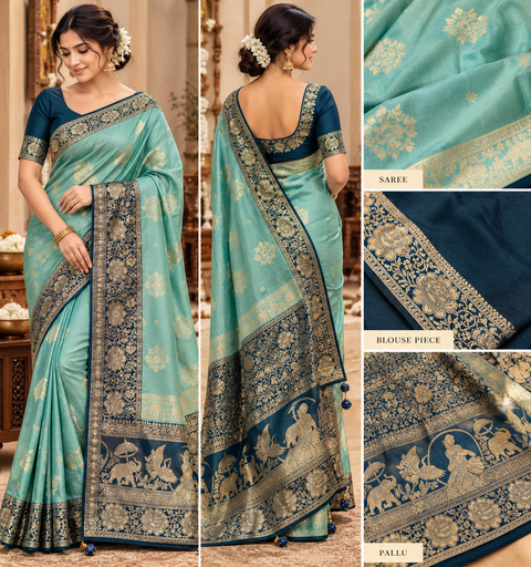 Dola Silk Saree with elegant all-over floral zari weaving and a rich contrasting woven border with detailed pallu. model blouse for reference only.Contrast blouse piece included.Slight variation in colour and design is possible.