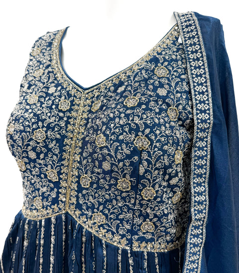 Chiffon based embroidery work with sequins  design on neck, heavy flared long kameez with georgette work dupatta