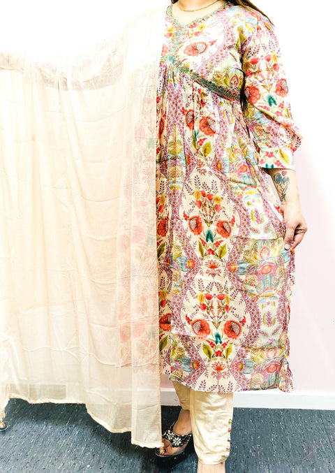 Pure Chinnon Georgette Based Printed With Embroidery Work & Mirror Work Designer Nayra Cut Kurti With Plazo Pants & Beautiful Dupatta