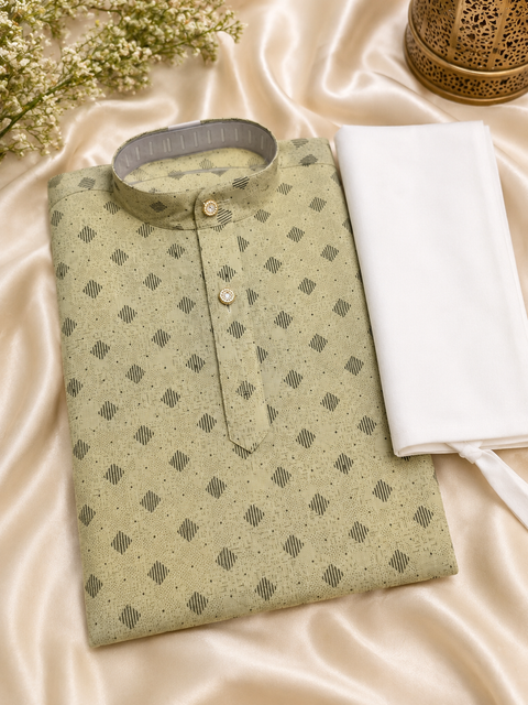 Dusky colour raw silk based kids printed kurta with white pajama pants (slight variation in color and design is possible)