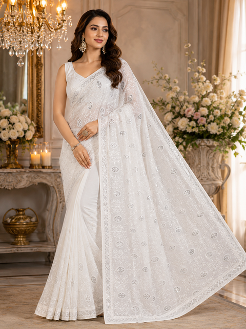 Beautiful Shimmery Georgette Saree featuring elegant embroidery and stone work throughout. Comes with an unstitched matching blouse piece. Model blouse is for reference purpose only. Slight colour and design variations may occur.
