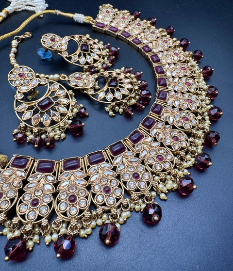 Original Polki stone with pearls beaded work beautiful necklace with jhumka and tikka set
