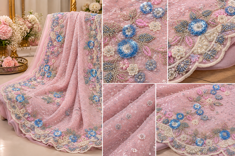 Elegant net saree intricate floral embroidery, shimmering sequins, beads and a beautifully detailed border.Comes with an attached embroidered blouse piece.Blouse worn by the model is for reference only. Slight variation in colour & design may occur