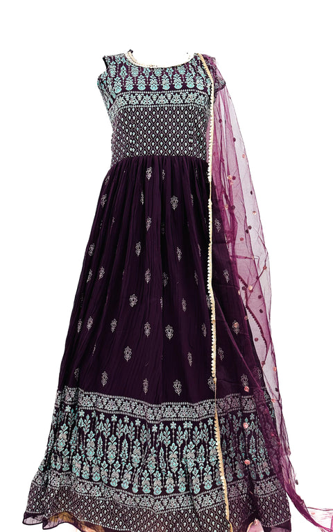 Georgette based printed work with mirror work neck design beautiful flared Kameez with netting Dupatta