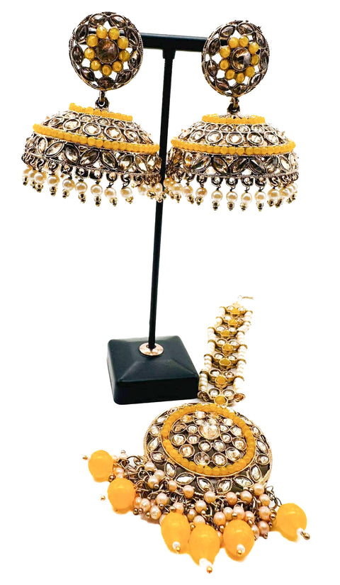 Golden stone work with pearls work beautiful Jhumka Balian big size with Tikka